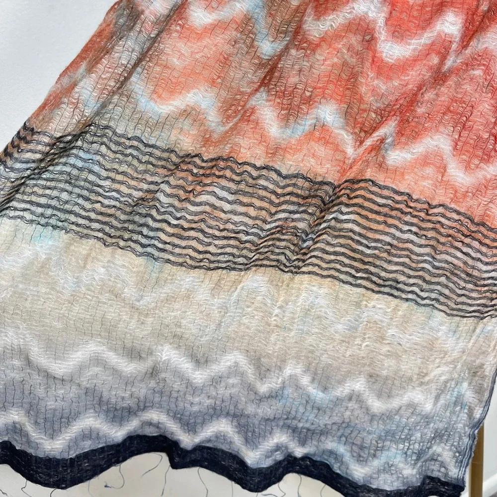 Asian Eye Scarf Women Blue Orange Wool Silk Blend Zig Zag Abstract Sheer Wrap